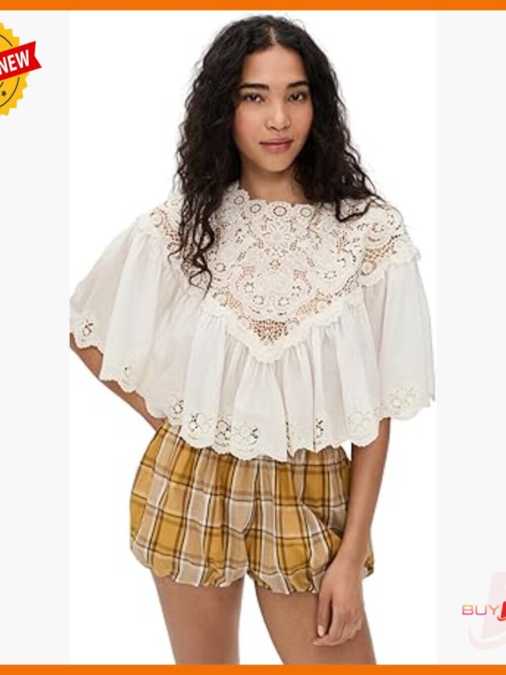 Women's 3/4 Sleeve Cotton Top with Embroidery and Scalloped Hem